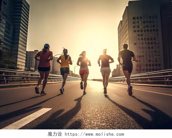 一群人在城市道路上跑步全民运动运动方式锻炼身体健身健康生活健康生活理念